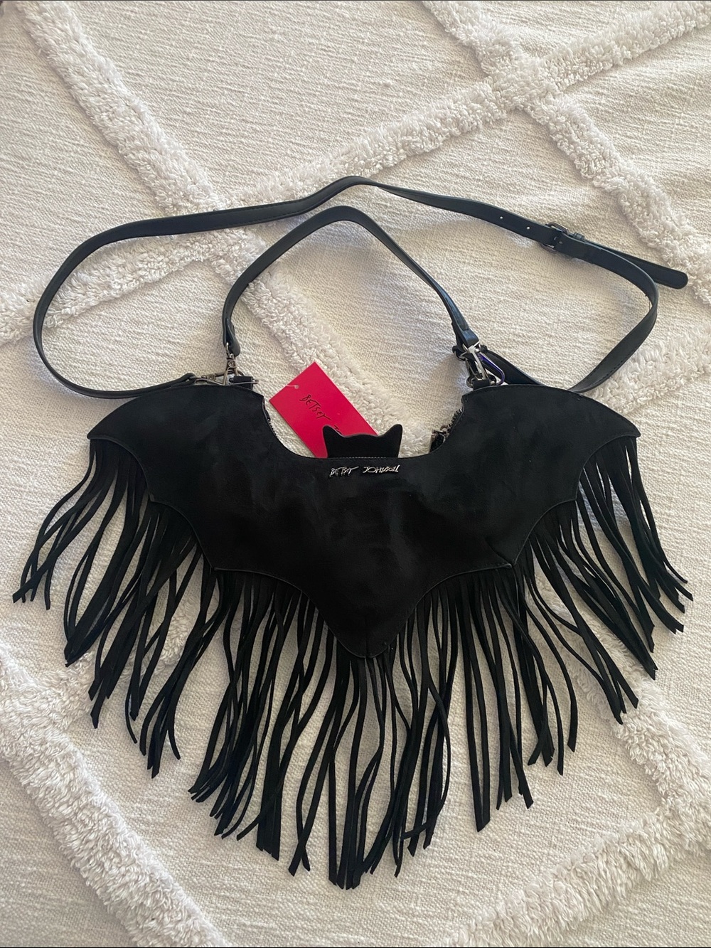 Betsey Johnson Black Suede Bat Fringe Shoulder Bag - Picture 3 of 5